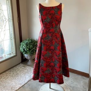 Adrienna Papell evening, RED floral jacquard A-line fit and flare midi DRESS SZ8